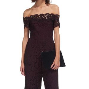 Whistles worn once off shoulder lace jumpsuit